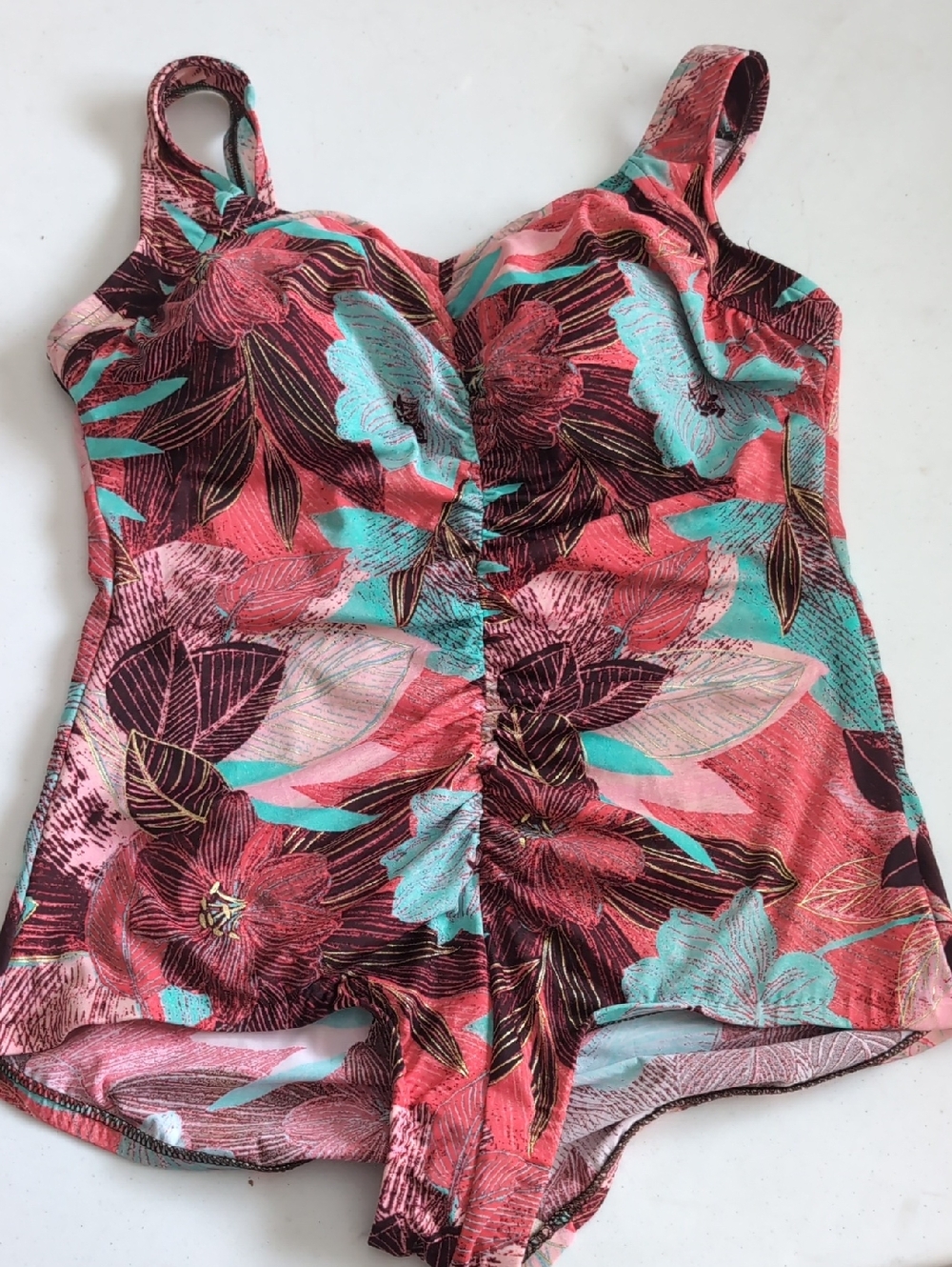 Floral Ruched One-Piece Swimsuit in Coral and Teal